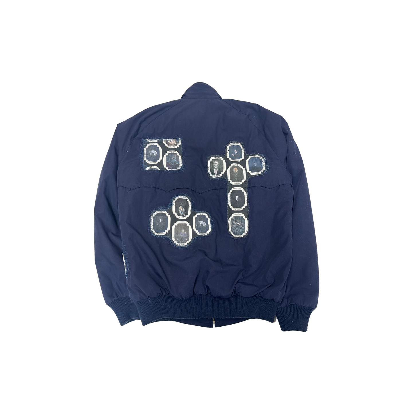 Navy blue jacket with white embroidered designs on a white background