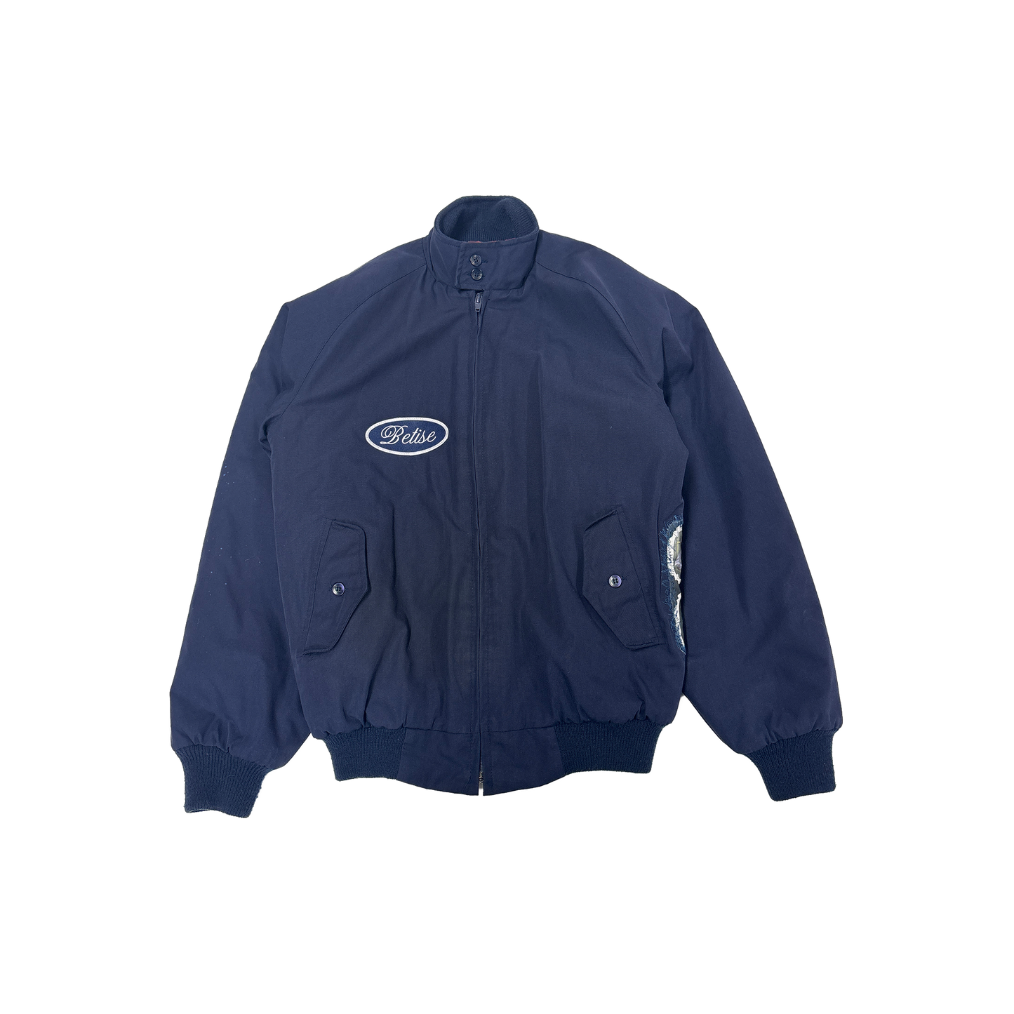 Navy blue jacket with a logo on a white background
