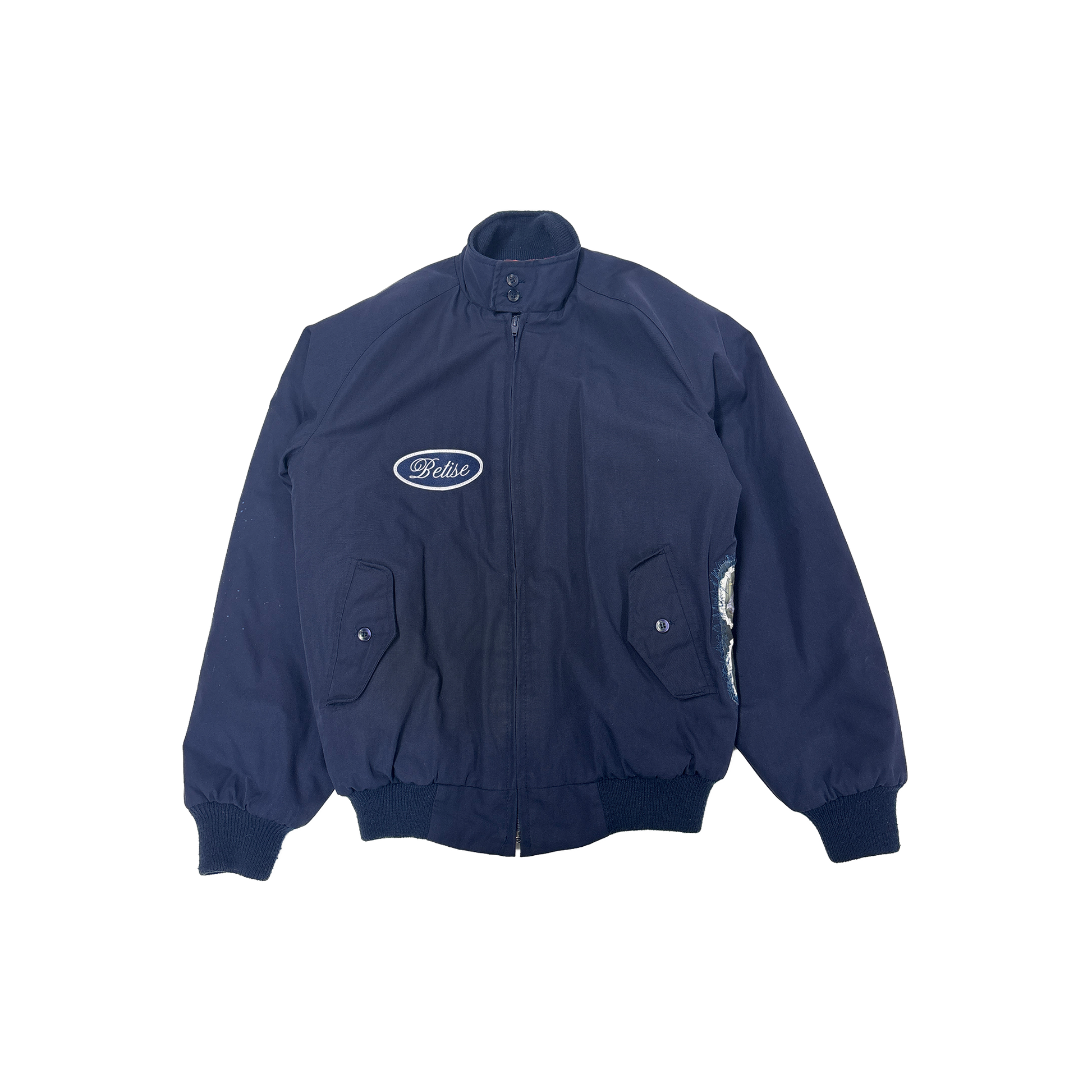 Navy blue jacket with a logo on a white background