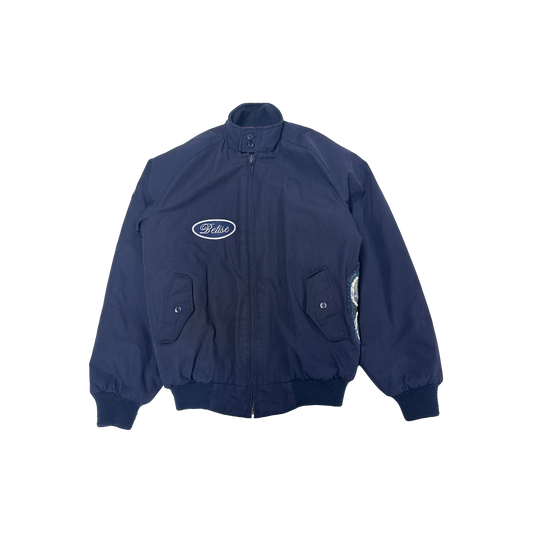 Navy blue jacket with a logo on a white background
